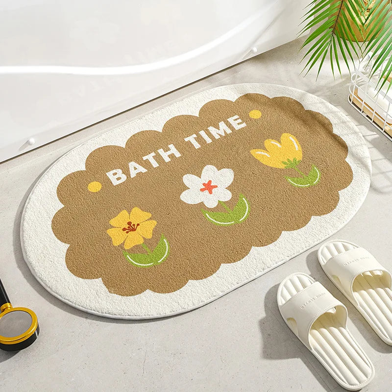 tapis bain antidérapant fleurs cactus vert jaune orange moderne décoratif polyester