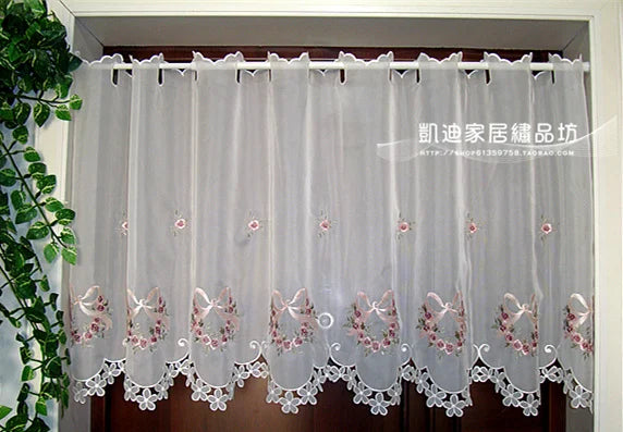 rideau semi transparent fleuri brodé blanc rose fenêtre chambre vintage 30cm 88cm