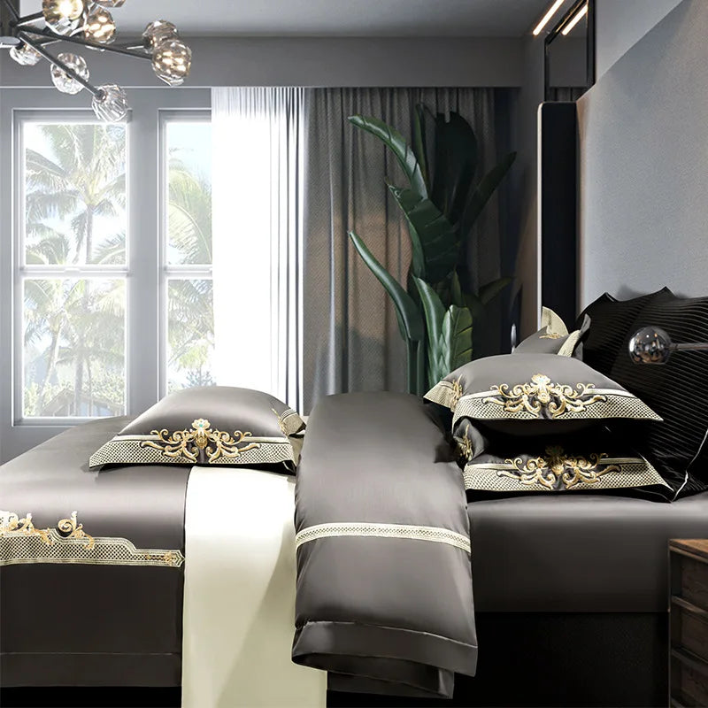 Housse de couette broderie chic gris