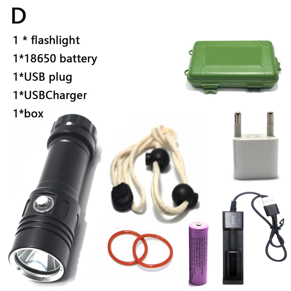 torche led rechargeable plongee camping 10w 6000lm 80m etanche noire