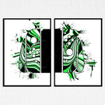 Ce diptyque d'art abstrait présente des motifs géométriques dynamiques en couleurs vertes et noires, créant une composition visuelle captivante et moderne.