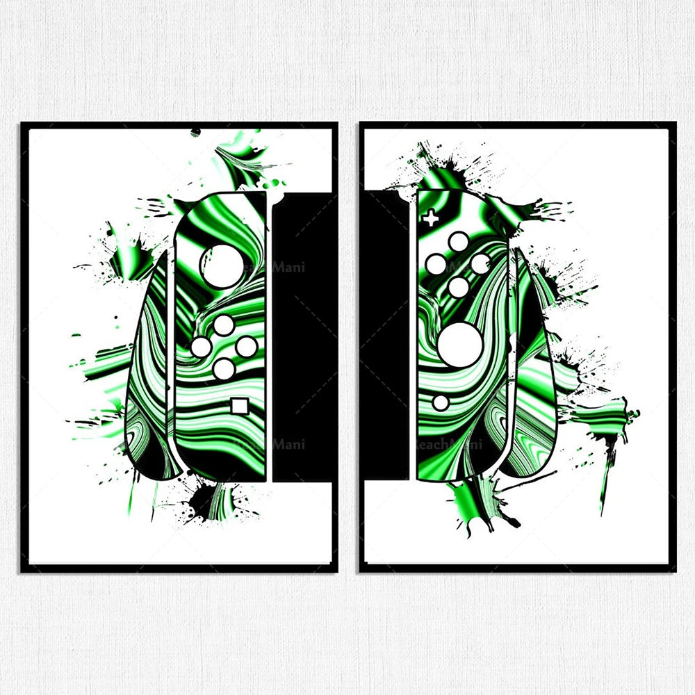 Ce diptyque d'art abstrait présente des motifs géométriques dynamiques en couleurs vertes et noires, créant une composition visuelle captivante et moderne.