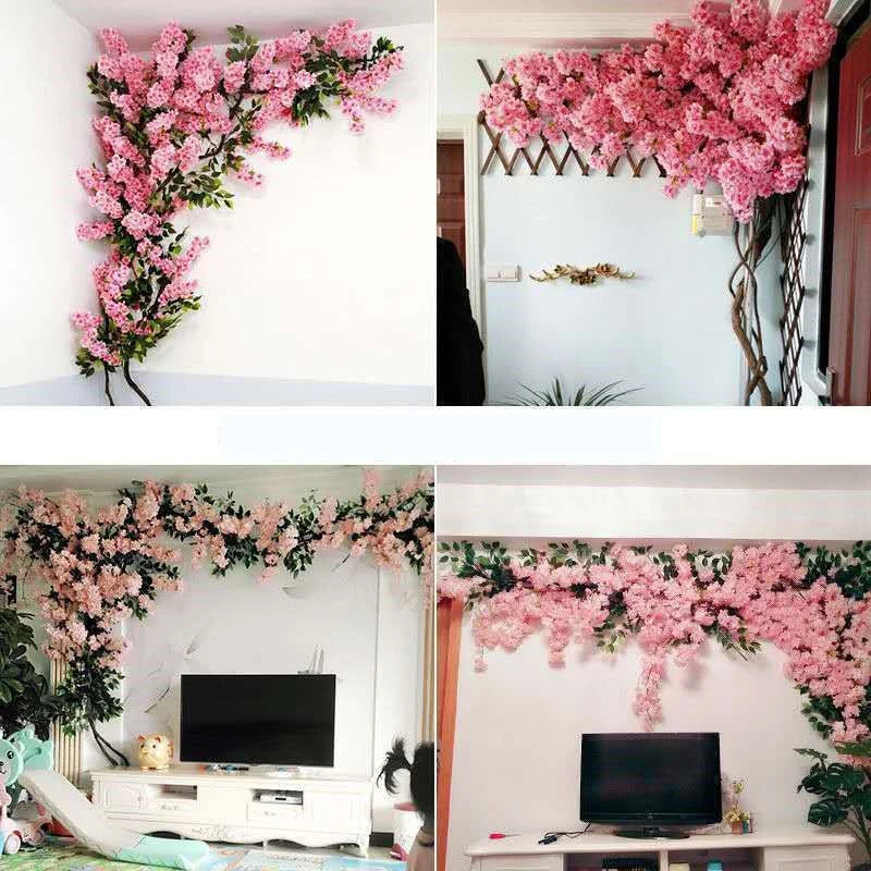 guirlande artificielle fleurs cerises rose clair feuilles vertes mariage décoration intérieure naturelle festive adhésif