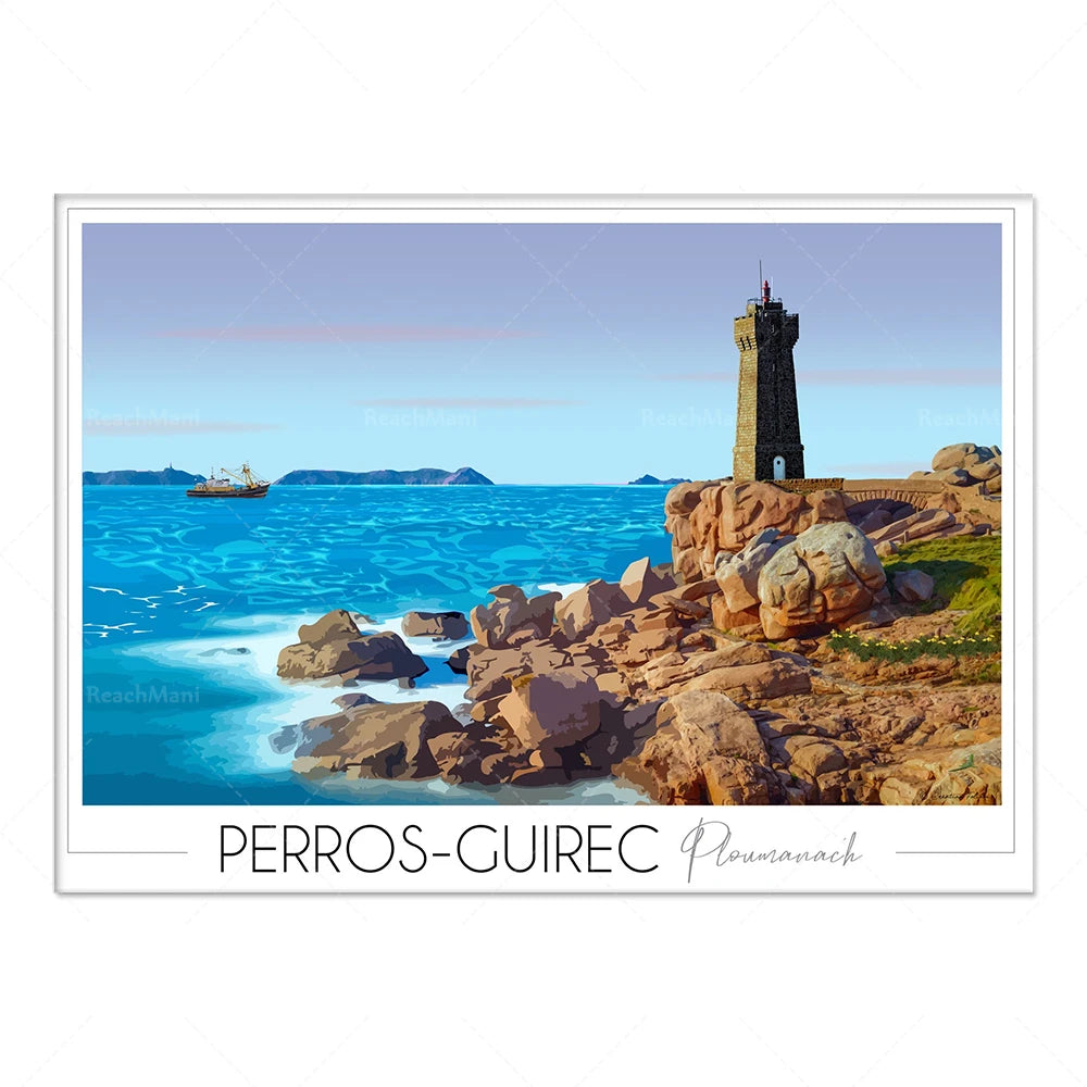 Cette image illustre le phare de Perros-Guirec sur la côte bretonne, avec une vue panoramique sur l'océan et les îles environnantes.