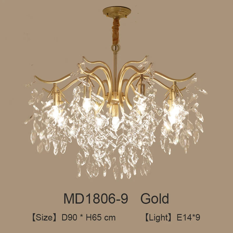 lustre moderne cristal K9 doré noir ampoules LED branches stylisées transparentes salon mariage