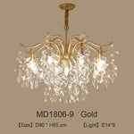 lustre moderne cristal K9 doré noir ampoules LED branches stylisées transparentes salon mariage