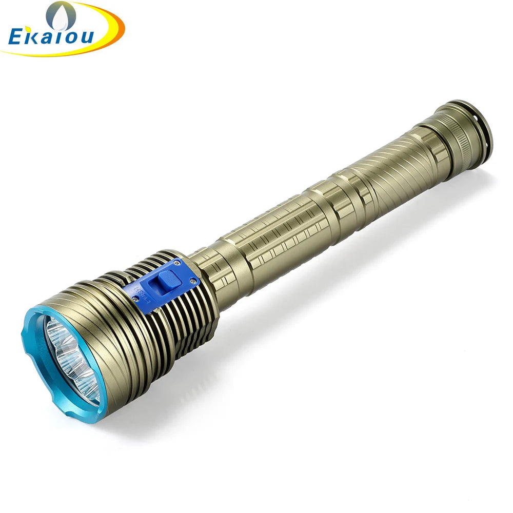torche plongée rechargeable led dorée bleue rayures horizontales moderne robuste interrupteur bleu 200 500mètres