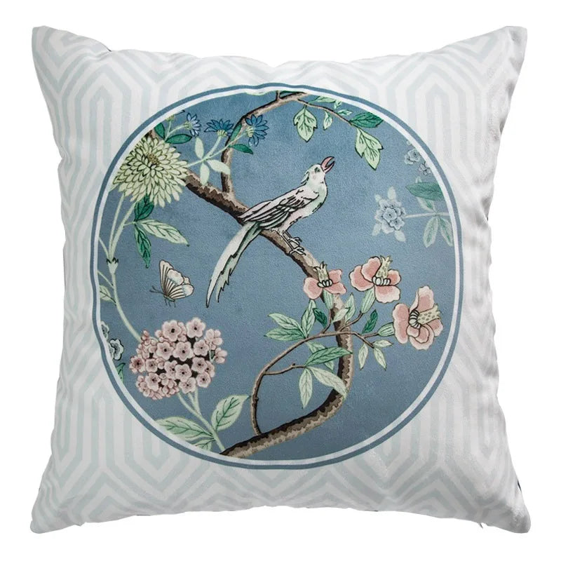 coussin décoratif motif oiseaux fleurs traditionnel tissu velours couleur beige opacité 45x45cm usage lit