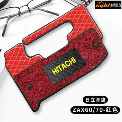 tapis sol rouge noir quilté moderne hitachi logo cabine véhicule