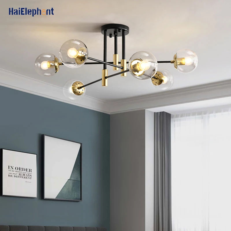 lampe suspension moderne noir doré sphères translucides led restaurant chambre salon