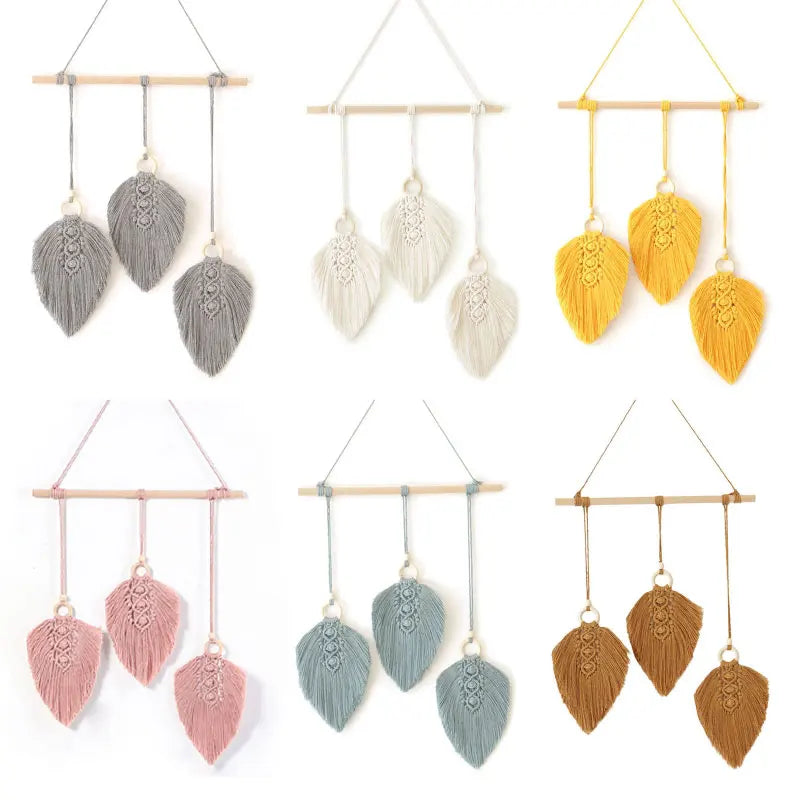 décoration murale boho feuilles brodées franges gris blanc jaune rose marron opacité trois pièces
