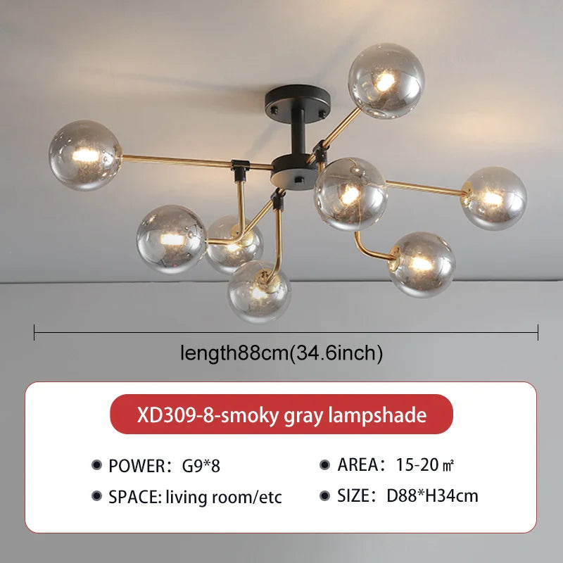 lampe suspension moderne sphères translucides structure dorée salon blanc nordique