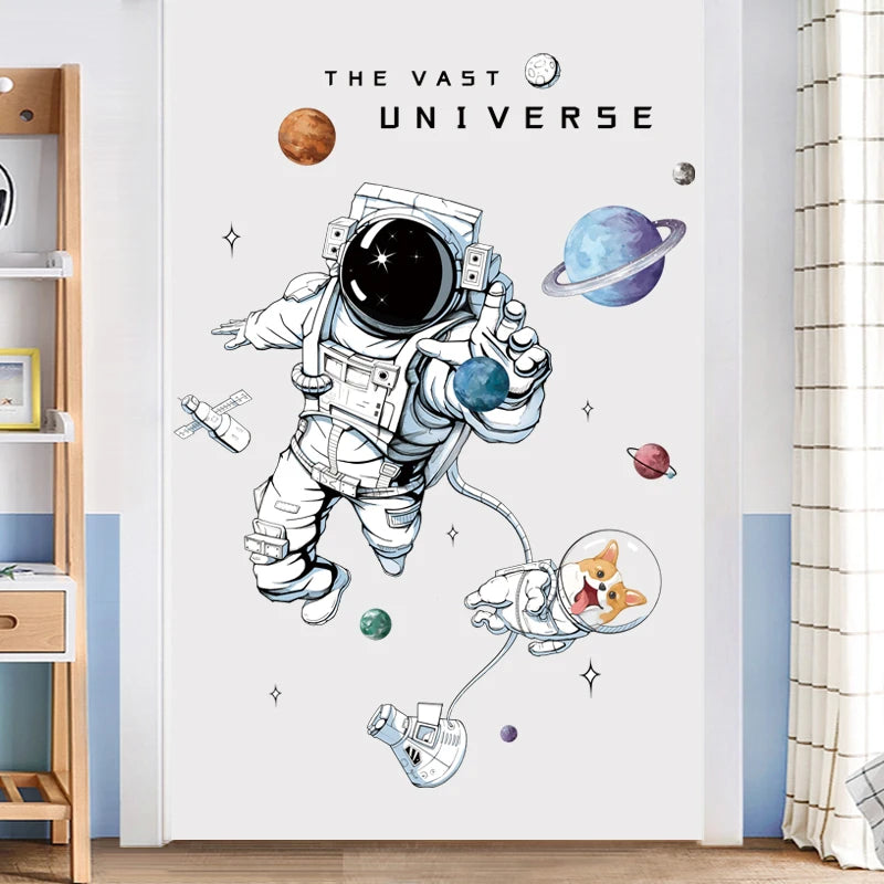 sticker mural astronautes planètes vaisseau spatial chambre enfant décoration mur illustration cartoon