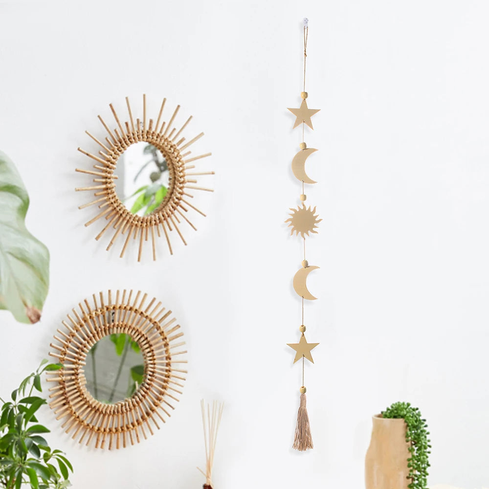 décoration murale bois lunes étoiles or noir boho chic tassel chambre salon
