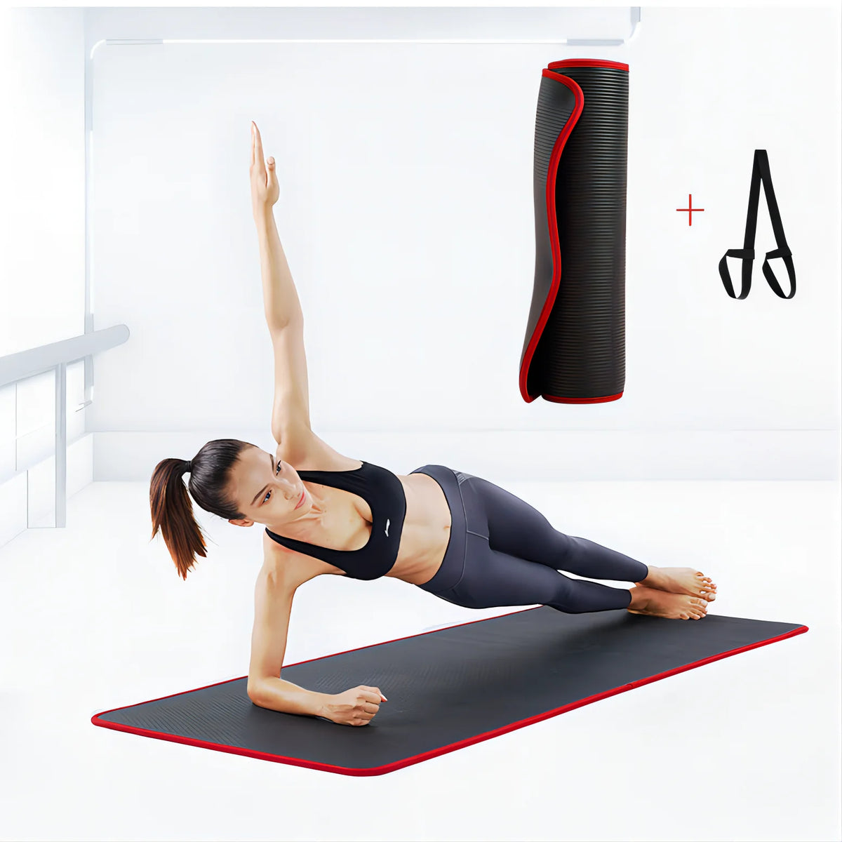 tapis yoga noir rouge rayures anti dérapant épais 10mm débutant fitness gym pilates moderne
