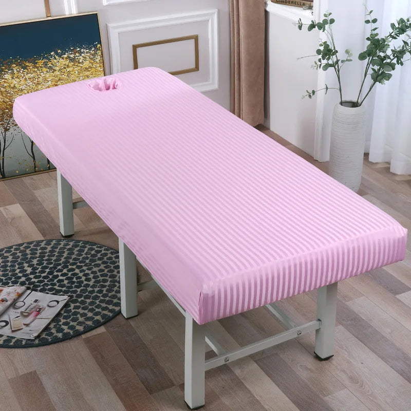 drap housse table massage satin rayures rose bleu violet trou coussin nuque