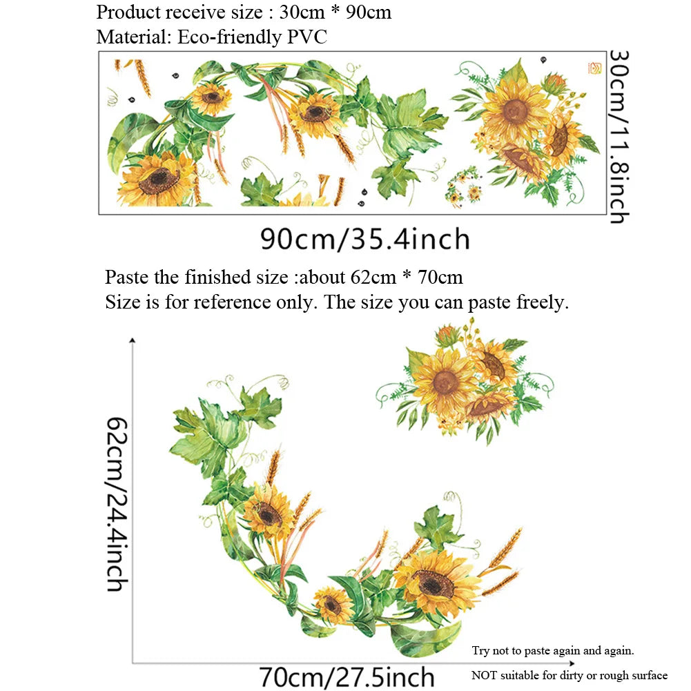 autocollant mural floral tournesol feuilles jaune vert blanc salon chambre coucher résistant l'eau pvc