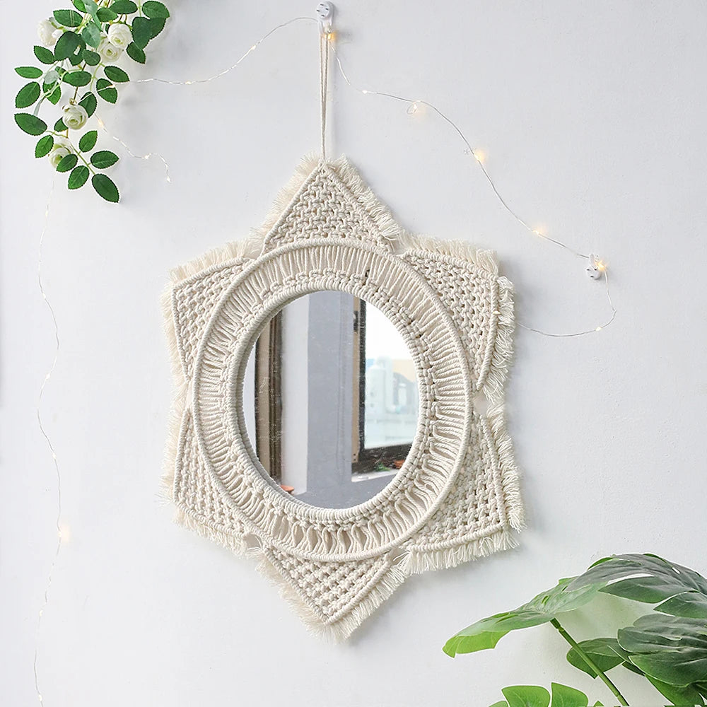 miroir decoratif boheme macramé franges étoile tressage blanc cassé geometrique chambre salon