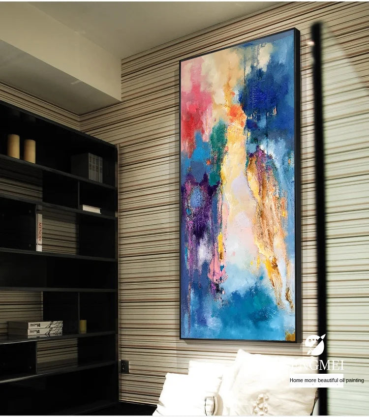 tableau abstrait moderne peintures murales peintes main couleurs vives toile dorée bleu rose vert