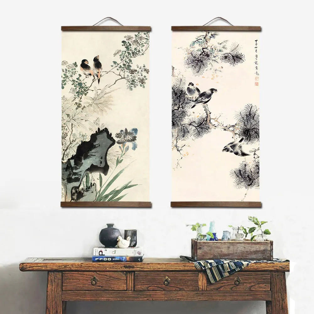 tableau peinture toile chinois fleurs oiseaux bambou paysage traditionnel décoration murale salon chambre