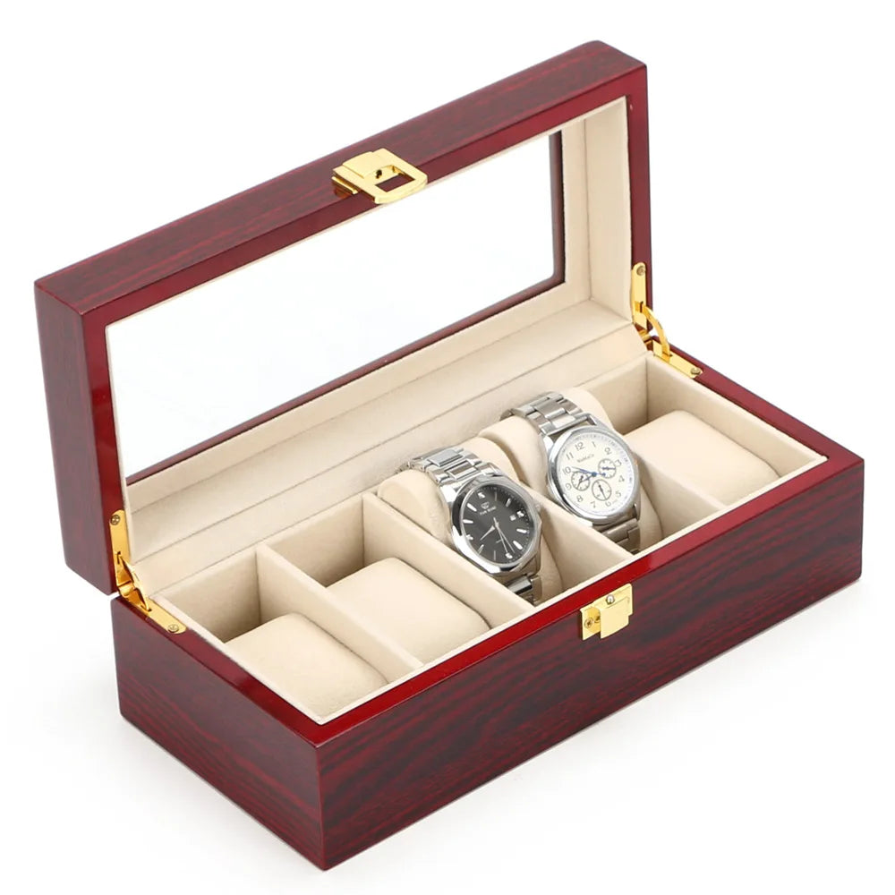 boîte montres rouge foncé bois velours classique cadenas doré places montres