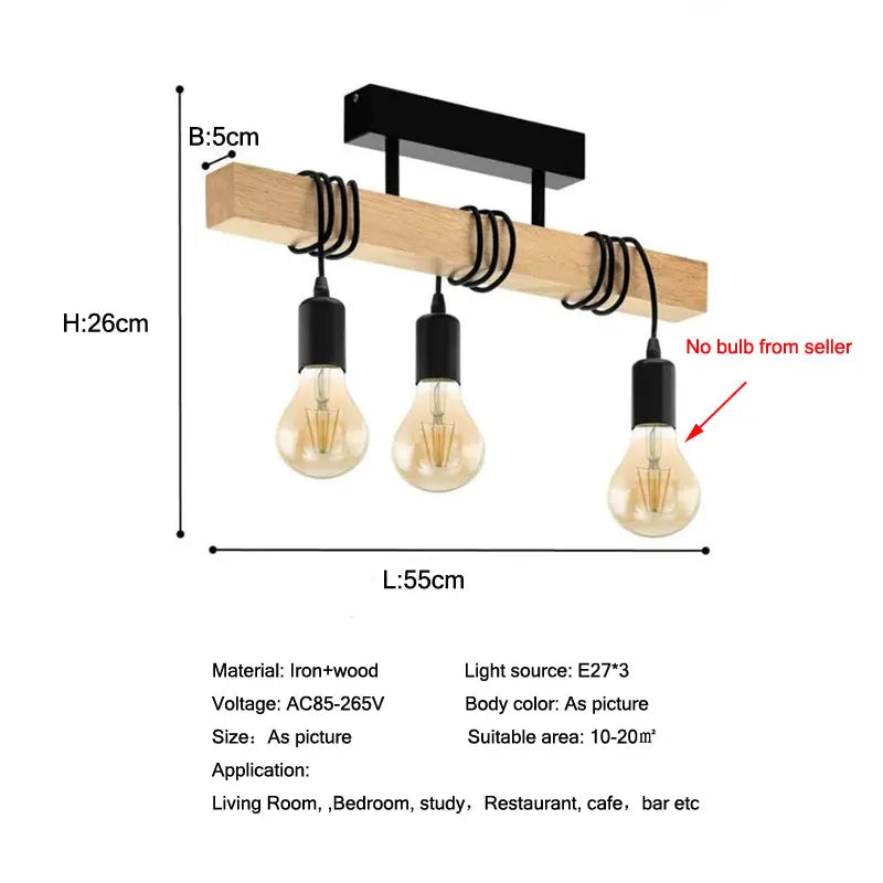 suspension lumineuse industrielle moderne bois naturel noir ampoules e27 clips métalliques chambre salon étude