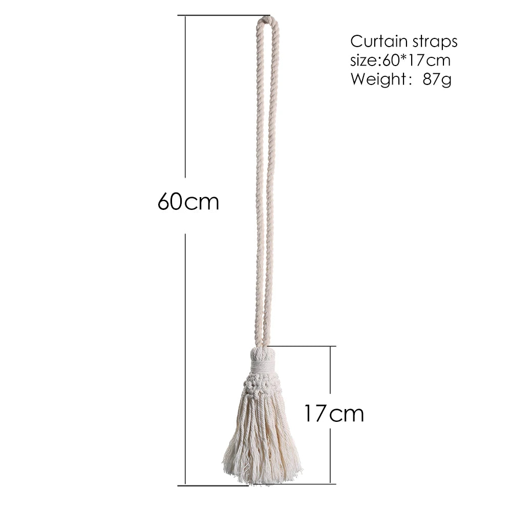 rideaux boho chic tissés main rubans décoratifs coton opaques beige clair noecs ornements