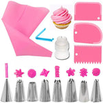 ensemble pâtisserie embouts coniques sacs pâte rose bleu grattoirs brosses nettoyage outils boulangerie