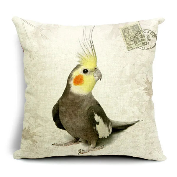 housse coussin carrée imprimé perroquets vintage polyester coton beige décoration canapé lit voiture