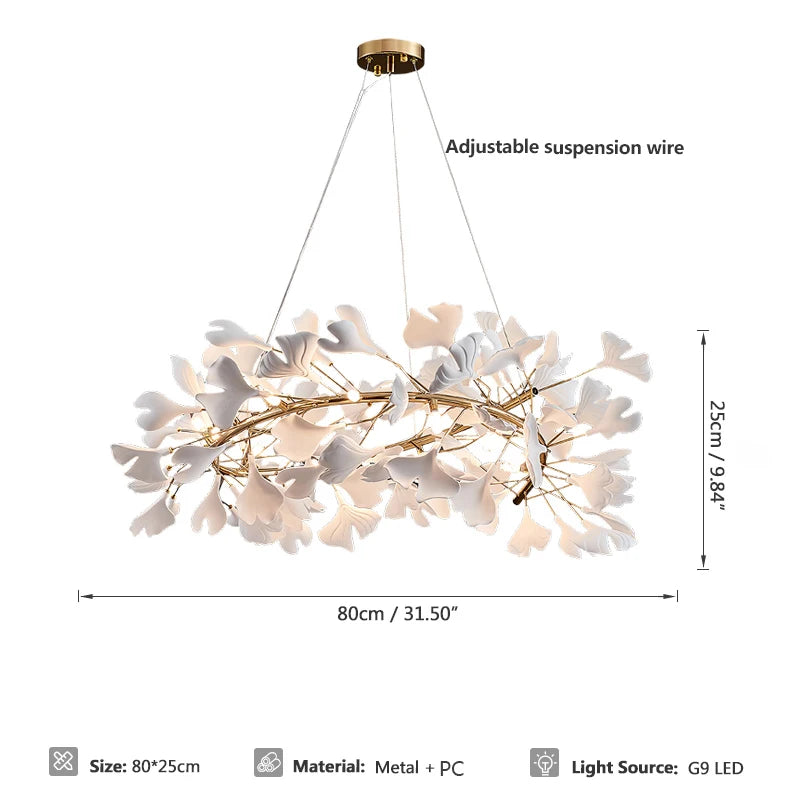 lampe suspendue feuilles gingko blanc doré contemporaine élégante salon chambre lumière chaînes porcelainière