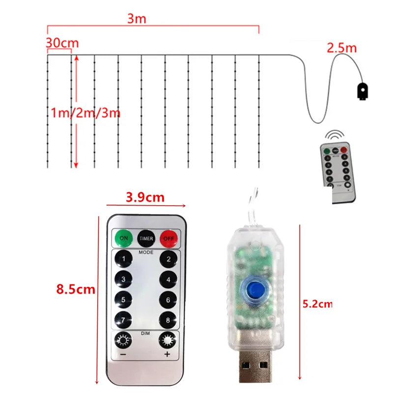 rideau lumineux led blanc moderne télécommande 5v ip65 adaptable 3x3m 3x2m 3x1m