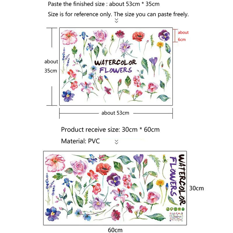 autocollants muraux fleurs aquarelle modernes multicolores rose violet bleu jaune résistants eau dimension 53x35cm