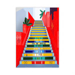 Escaliers colorés et géométriques menant à une destination avec des lettres "Rio de Janeiro" sur les marches, entourés de motifs et de plantes tropicales.