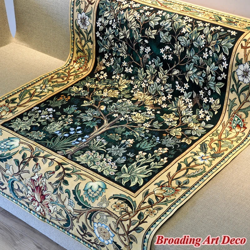 tapisserie murale coton art nouveau floral arbres feuillage oiseau bleu foncé vert beige
