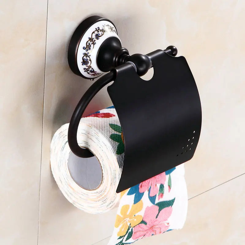 accessoires salle bain noir blanc motif floral classique porte serviettes papier toilette porte savon