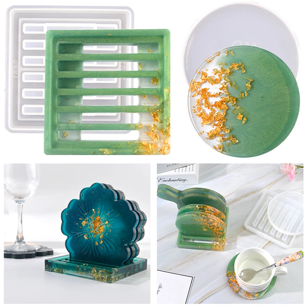 moule silicone résine époxy diy coaster support géométrique moderne élégant fleur paillettes dorées