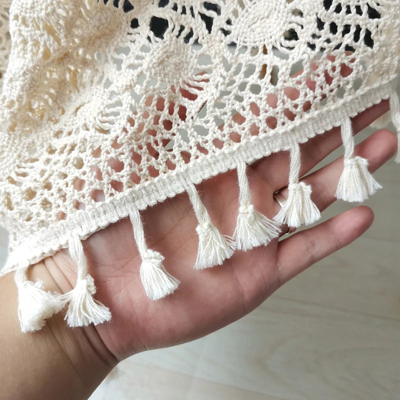 serviette table coton fleur boho chic beige clair crochetée tassellets 100x100cm 130x130cm 150x150cm mariage