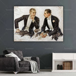 Deux hommes portant des costumes noirs et blancs sont assis et discutent, dans une illustration vintage en noir et blanc.
