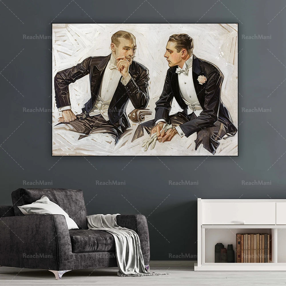 Deux hommes portant des costumes noirs et blancs sont assis et discutent, dans une illustration vintage en noir et blanc.