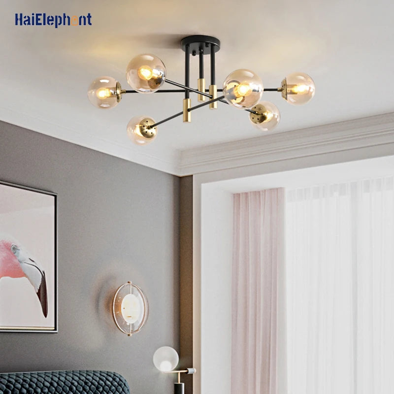 lampe suspension moderne noir doré sphères translucides led restaurant chambre salon