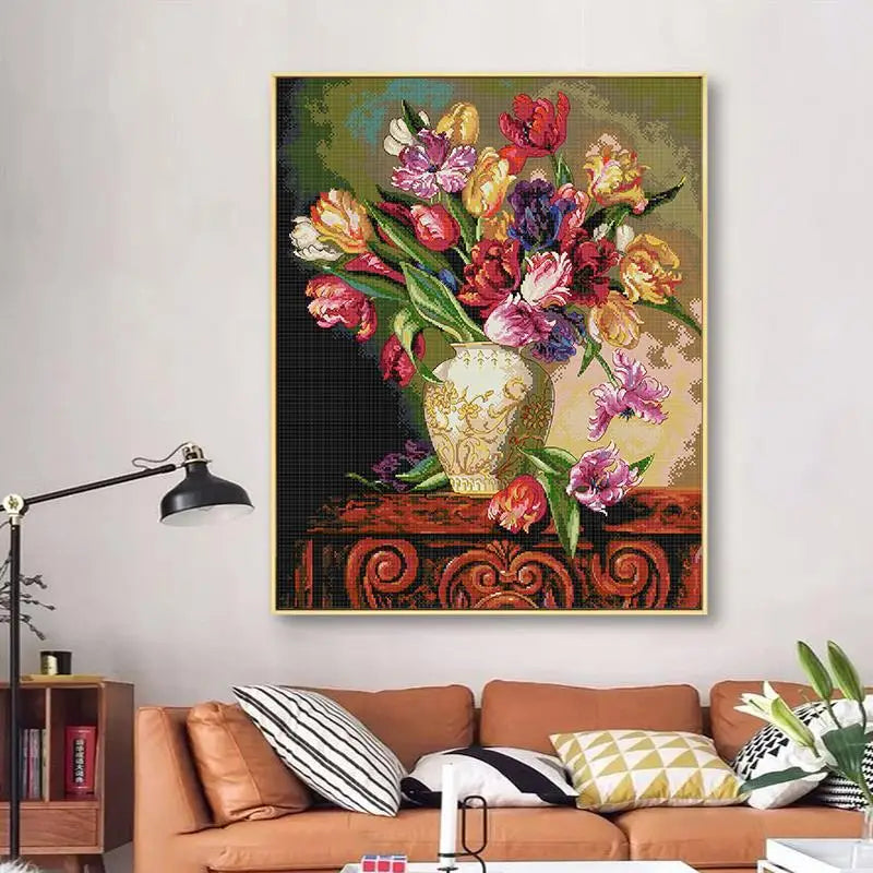 kit broderie point croix bouquet fleurs vase toile imprimée 49 fils aiguille patron floral