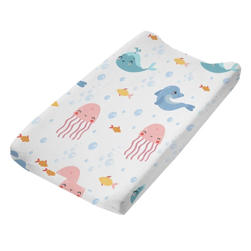 housse matelas langer coton feuilles tropicales moderne vert rose bleu blanc