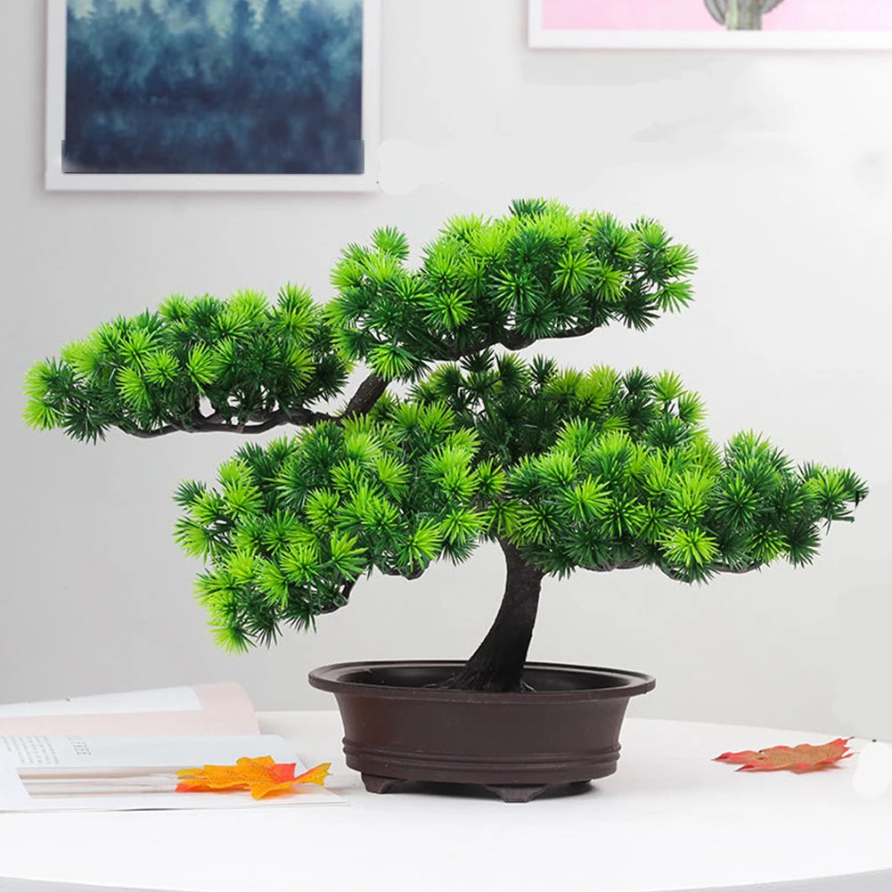 ornement arboré bonsaï artificiel vert feuilles pointues tronc épais classique pot marron décoration intérieureextérieur