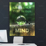 Dans cette image, on peut voir une affiche avec la mention "Limits only exist in our mind". Une boule de verre se trouve en bas de l'image, reflétant la nature.