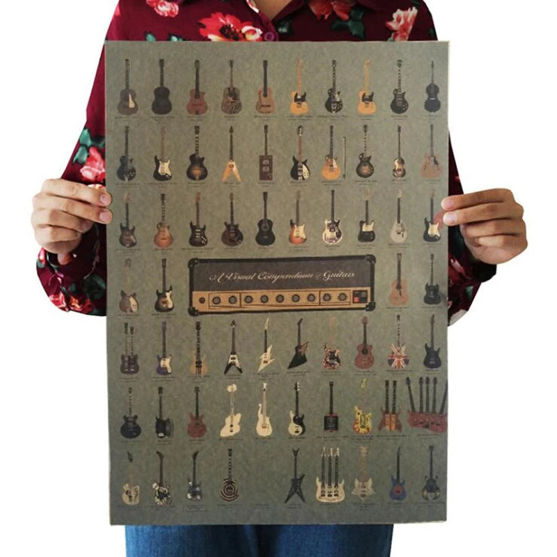 affiche murale vintage guitares illustration kraft papier couleur noir bleu rose trắngGRES opaque années