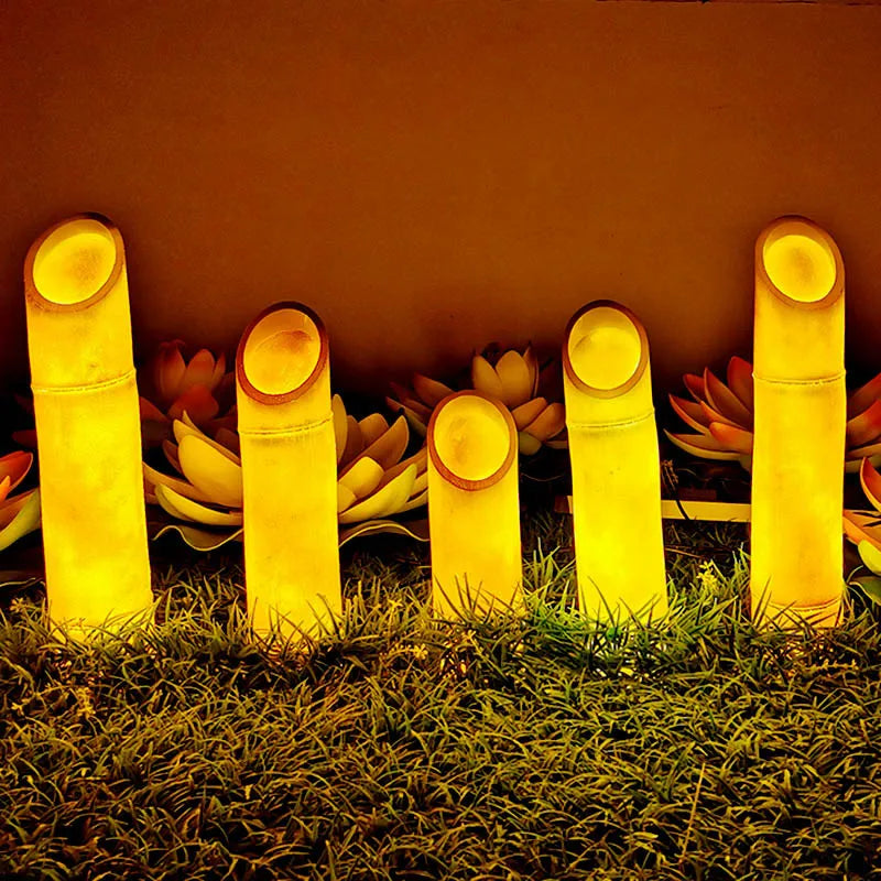 lampe decorative bambou naturelle led lumiere jaune orangé herbe artificielle exterieure ip65 moderne zen