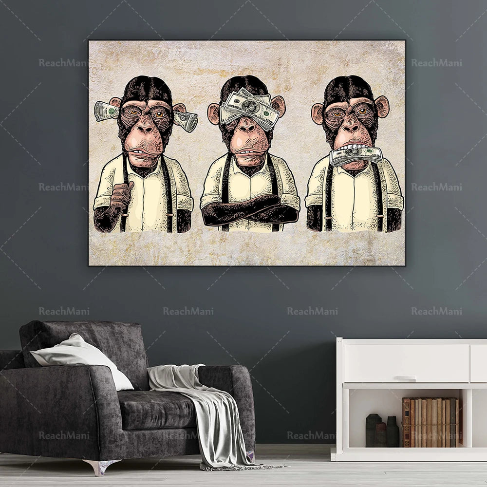 Une image humoristique montrant trois singes avec des billets de banque sur les yeux, illustrant le concept de "ne rien voir, n'entendre rien, ne rien dire".