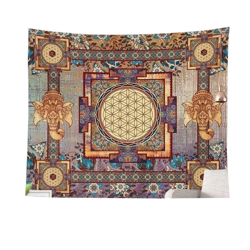 Tapisserie mandala orange fluo pour décoration murale