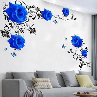 décoration murale romantique fleurs roses bleues feuillage papillons autocollant floral chambre salon