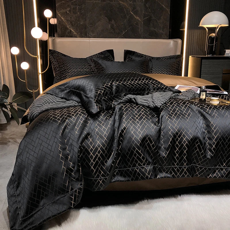 Détail du motif Jacquard et du fil d'or noir sur la housse de couette